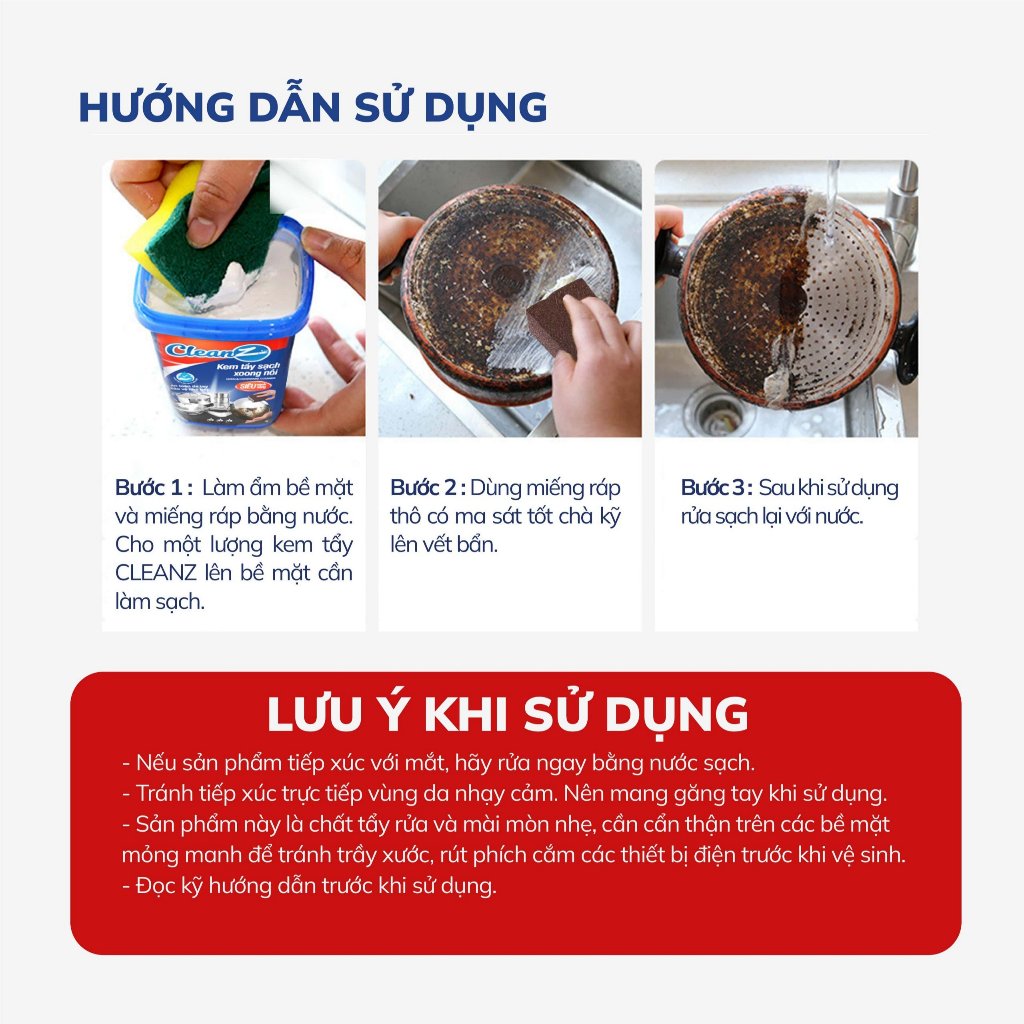 Ảnh Kem tẩy sạch xoong nồi Cleanz đánh bay vết ố, vết gỉ sét, vết bám dầu mỡ lâu ngày mùi hương đào 4