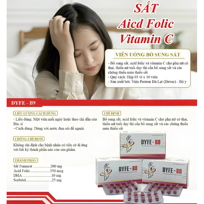 ✅[Hàng chính hãng] Bổ sung Acid folic , sắt DYFE B9 hạn chế tình trạng thiếu máu Viện Pasteur Đà Lạt