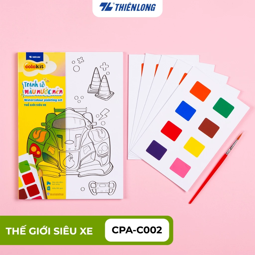 Tranh tập tô màu nước dạng nén cho bé,nhiều chủ đề, Khổ giấy A5 200gsm, tặng kèm cọ và 5 thẻ màu 2.5