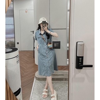 Đầm Nữ Denim Dáng Suông Dài Tay Ngắn Có Cúc Phong Cách Đơn Giản Năng Động