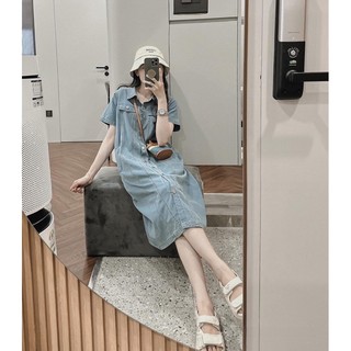 Đầm Nữ Denim Dáng Suông Dài Tay Ngắn Có Cúc Phong Cách Đơn Giản Năng Động