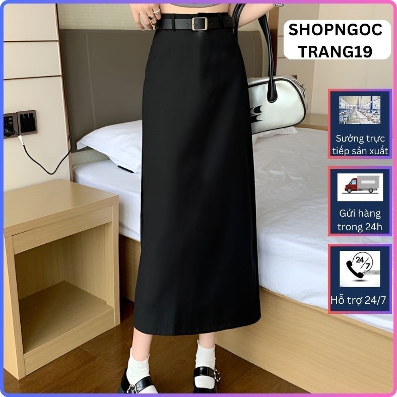 Chân Váy Chữ A Suông Dáng Dài 90cm Sẻ Sau Phối Đai-Chất Liệu Vitex-Chân Váy Công Sở-CV70T