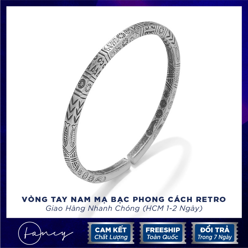 Vòng tay cuff hoa văn Fancy, lắc tay nam điêu khắc phong cách cổ điển hợp kim mạ bạc cao cấp
