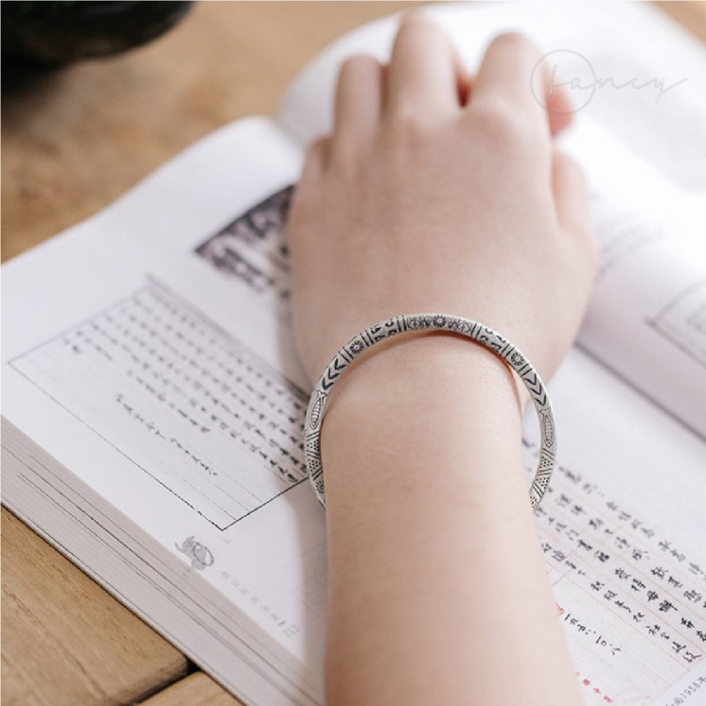 Vòng tay cuff hoa văn Fancy, lắc tay nam điêu khắc phong cách cổ điển hợp kim mạ bạc cao cấp