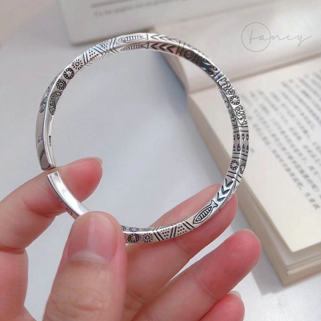 Vòng tay cuff hoa văn Fancy, lắc tay nam điêu khắc phong cách cổ điển hợp kim mạ bạc cao cấp
