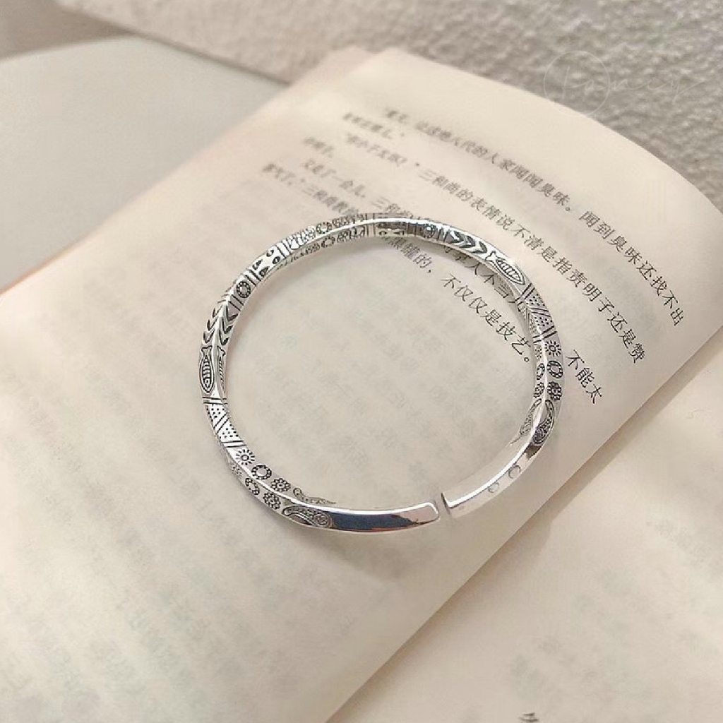 Vòng tay cuff hoa văn Fancy, lắc tay nam điêu khắc phong cách cổ điển hợp kim mạ bạc cao cấp