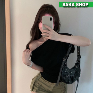 Áo croptop trễ vai nữ cánh dơi thun cotton đen trắng