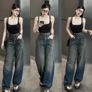 HHCHOU-Quần Jeans Suông Trơn Màu Đậm Có Phủ Dơ Vải Qc mềm H3344