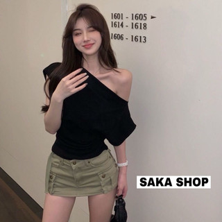Áo croptop trễ vai nữ cánh dơi thun cotton đen trắng