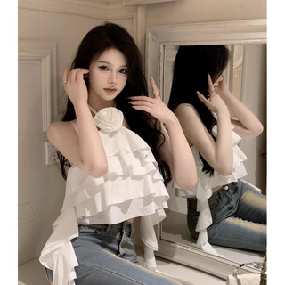 Áo yếm kiểu tầng croptop đính hoa hồng trắng đen xinh đẹp dây tua rua VANISA Y19