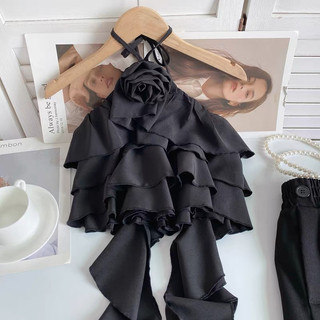 Áo yếm kiểu tầng croptop đính hoa hồng trắng đen xinh đẹp dây tua rua VANISA Y19