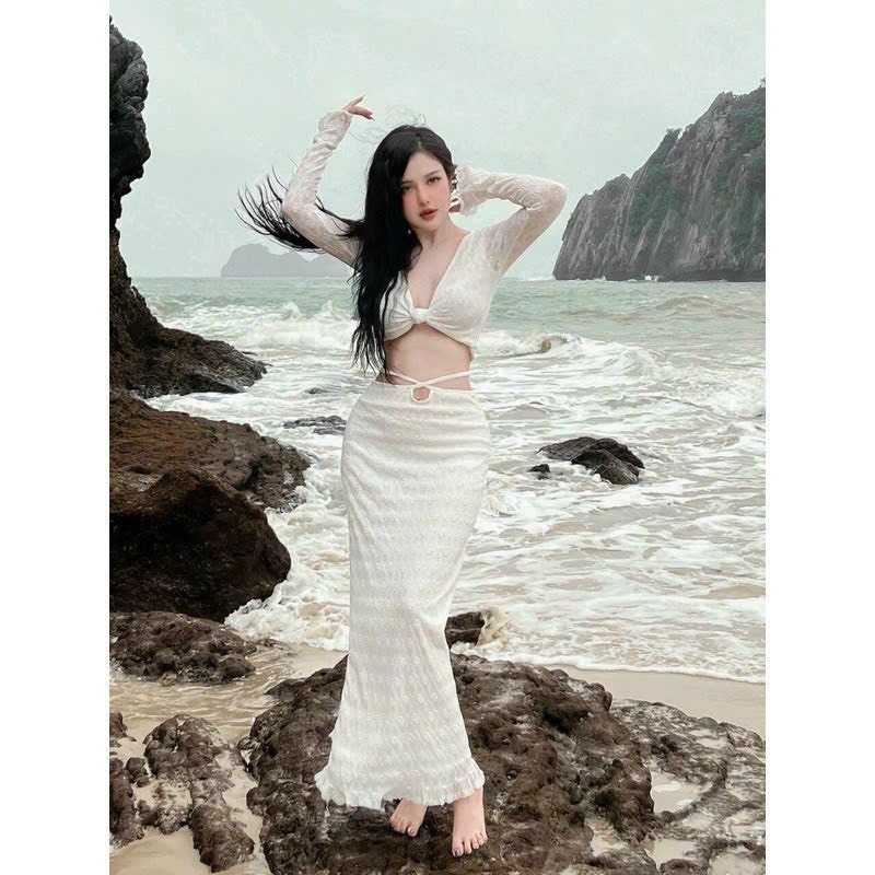 Đồ bơi bikini đi biển hai mảnh áo xoắn ren + chân váy ren dài sành điệu BiKiNi HAN.T SHOP [ Áo Xoắn ren ] Kèm mút