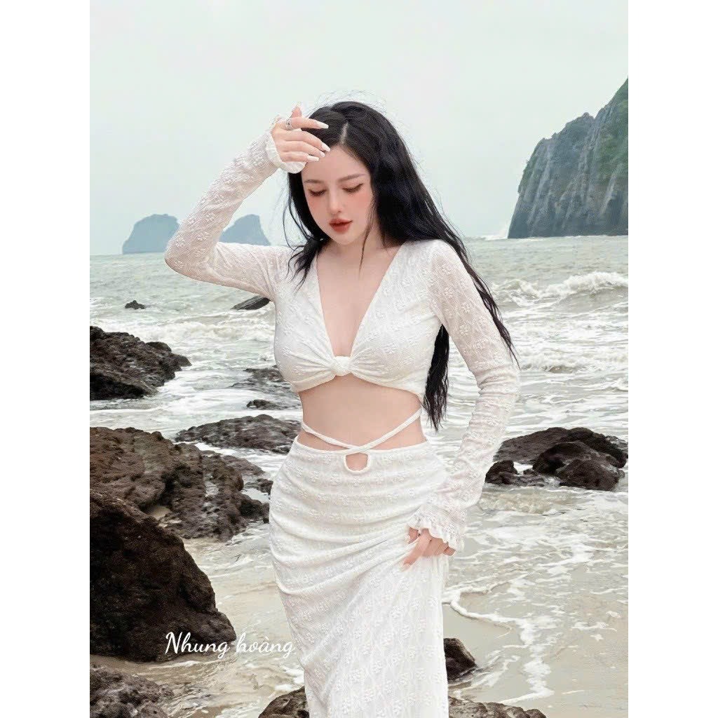 Đồ bơi bikini đi biển hai mảnh áo xoắn ren + chân váy ren dài sành điệu BiKiNi HAN.T SHOP [ Áo Xoắn ren ] Kèm mút