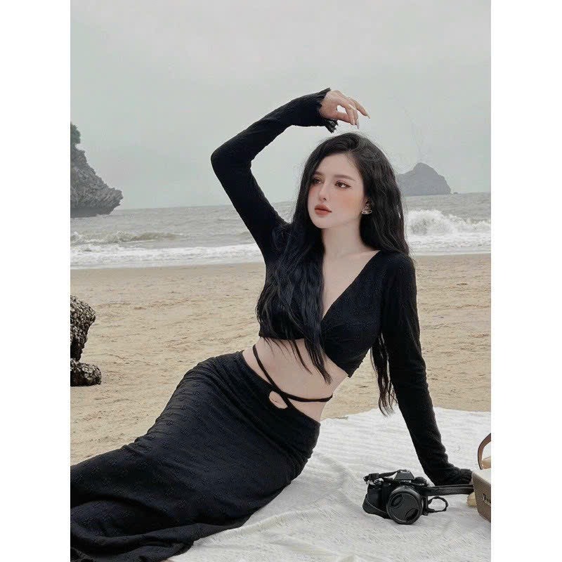 Đồ bơi bikini đi biển hai mảnh áo xoắn ren + chân váy ren dài sành điệu BiKiNi HAN.T SHOP [ Áo Xoắn ren ] Kèm mút