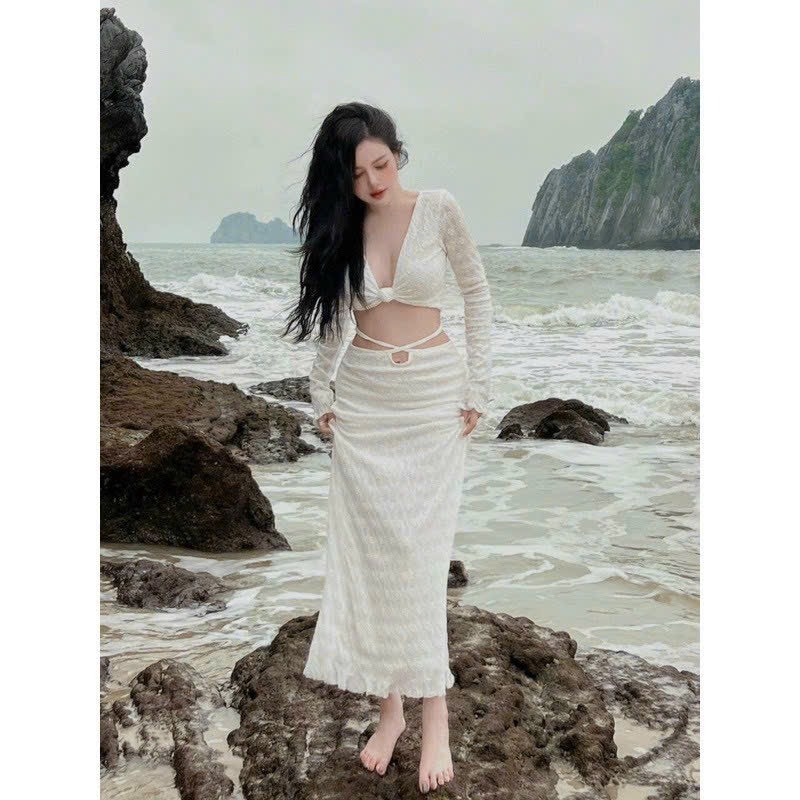 Đồ bơi bikini đi biển hai mảnh áo xoắn ren + chân váy ren dài sành điệu BiKiNi HAN.T SHOP [ Áo Xoắn ren ] Kèm mút