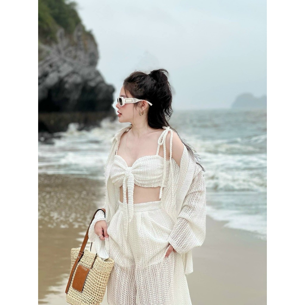 Ms 083 Đồ bơi bikini đi biển set ba món áo có lót ren quần suông kèm sơ mi thiết kế sang chảnh HAN.T SHOP [sơ mi 3 màu]