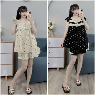 BỘ BẦU ĐÙI ĐŨI HÀN IN HÌNH NƠ CỔ VUÔNG - 2 Màu - Quần Có Chun Chỉnh