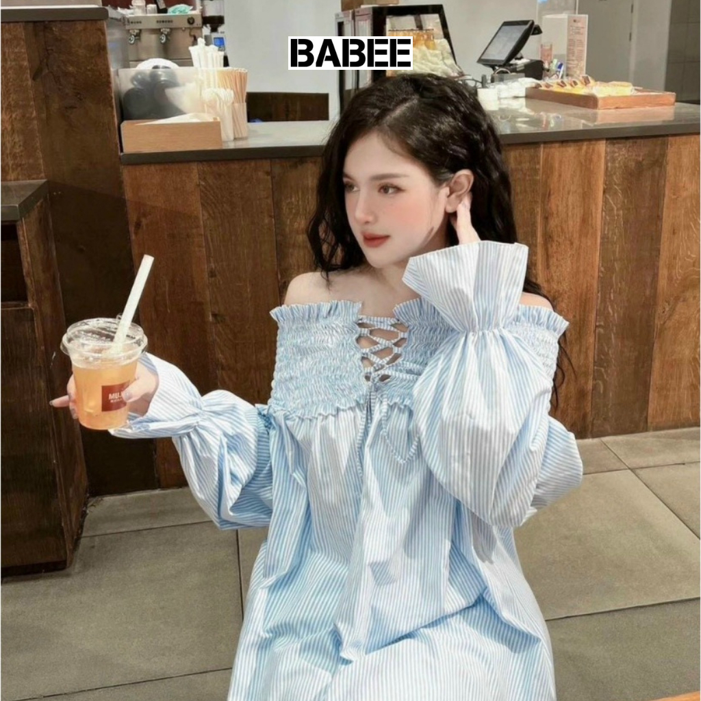 Áo Trễ Vai Nữ BABEE Tay Phồng Dài Form Áo Dấu Quần Phối Dây Đan Có Bo Chun Dễ Thương Sang Trọng