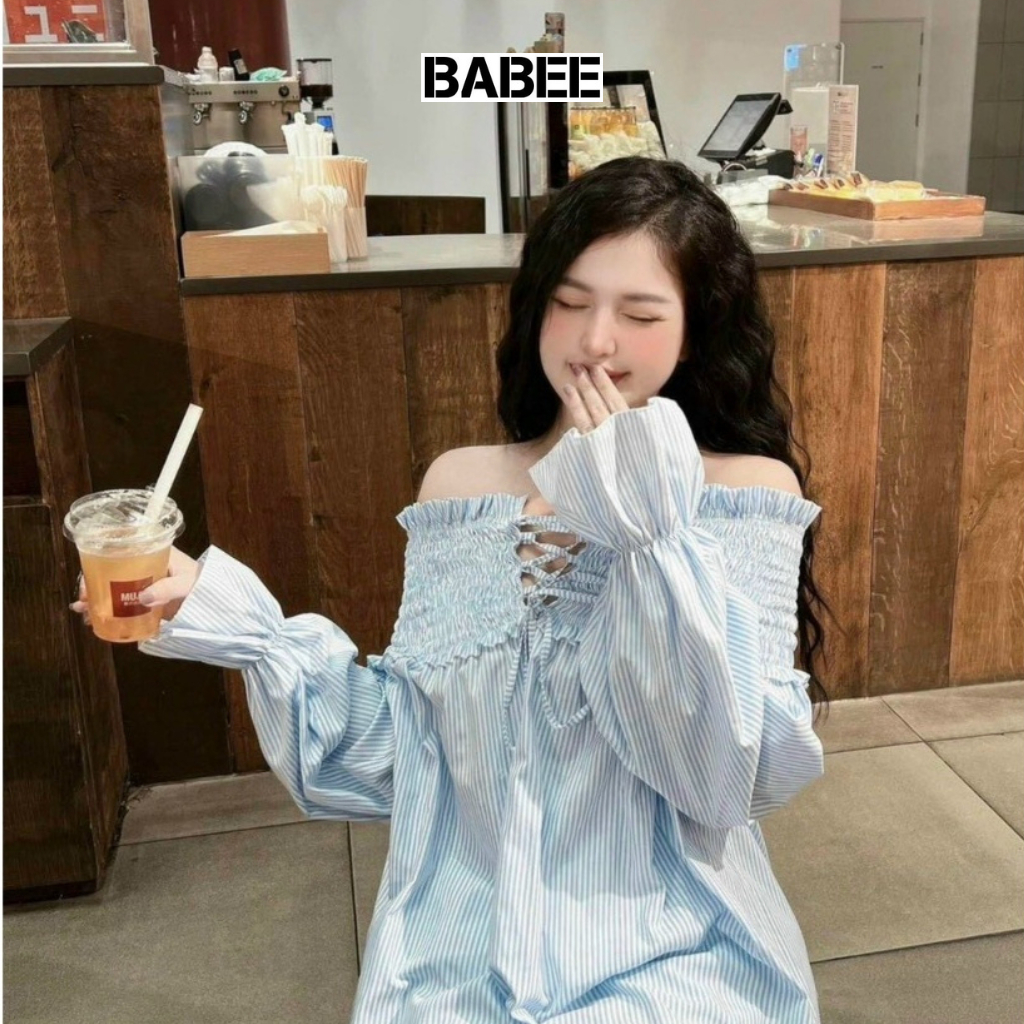 Áo Trễ Vai Nữ BABEE Tay Phồng Dài Form Áo Dấu Quần Phối Dây Đan Có Bo Chun Dễ Thương Sang Trọng