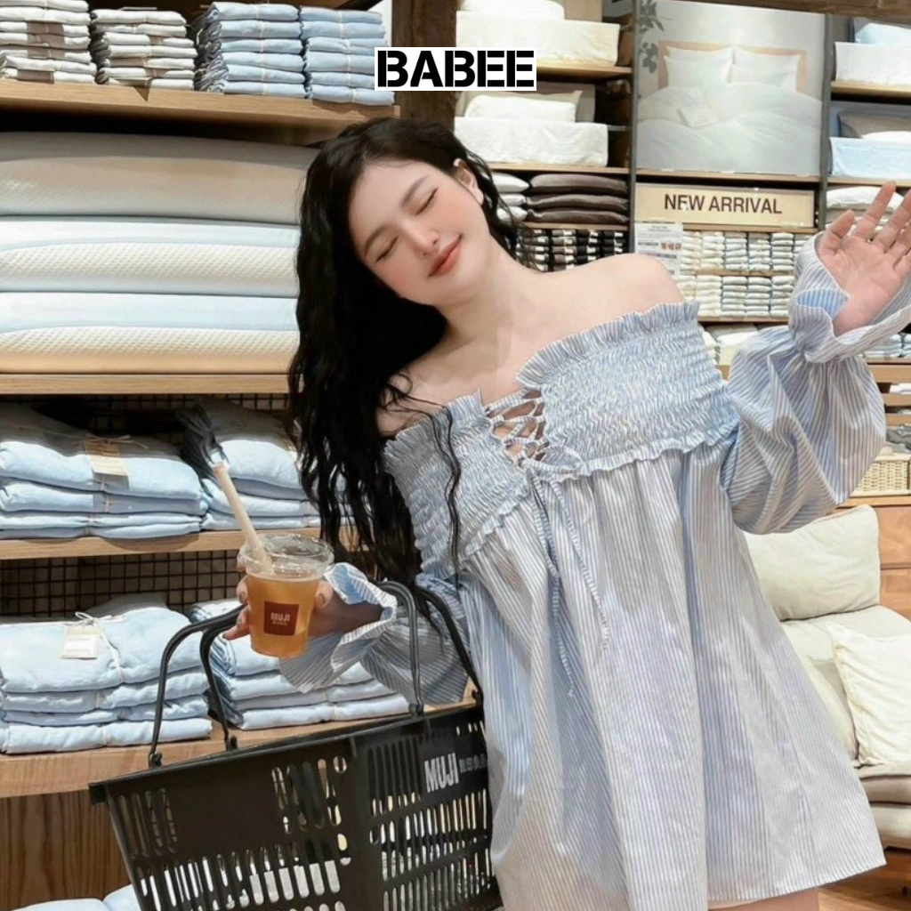 Áo Trễ Vai Nữ BABEE Tay Phồng Dài Form Áo Dấu Quần Phối Dây Đan Có Bo Chun Dễ Thương Sang Trọng