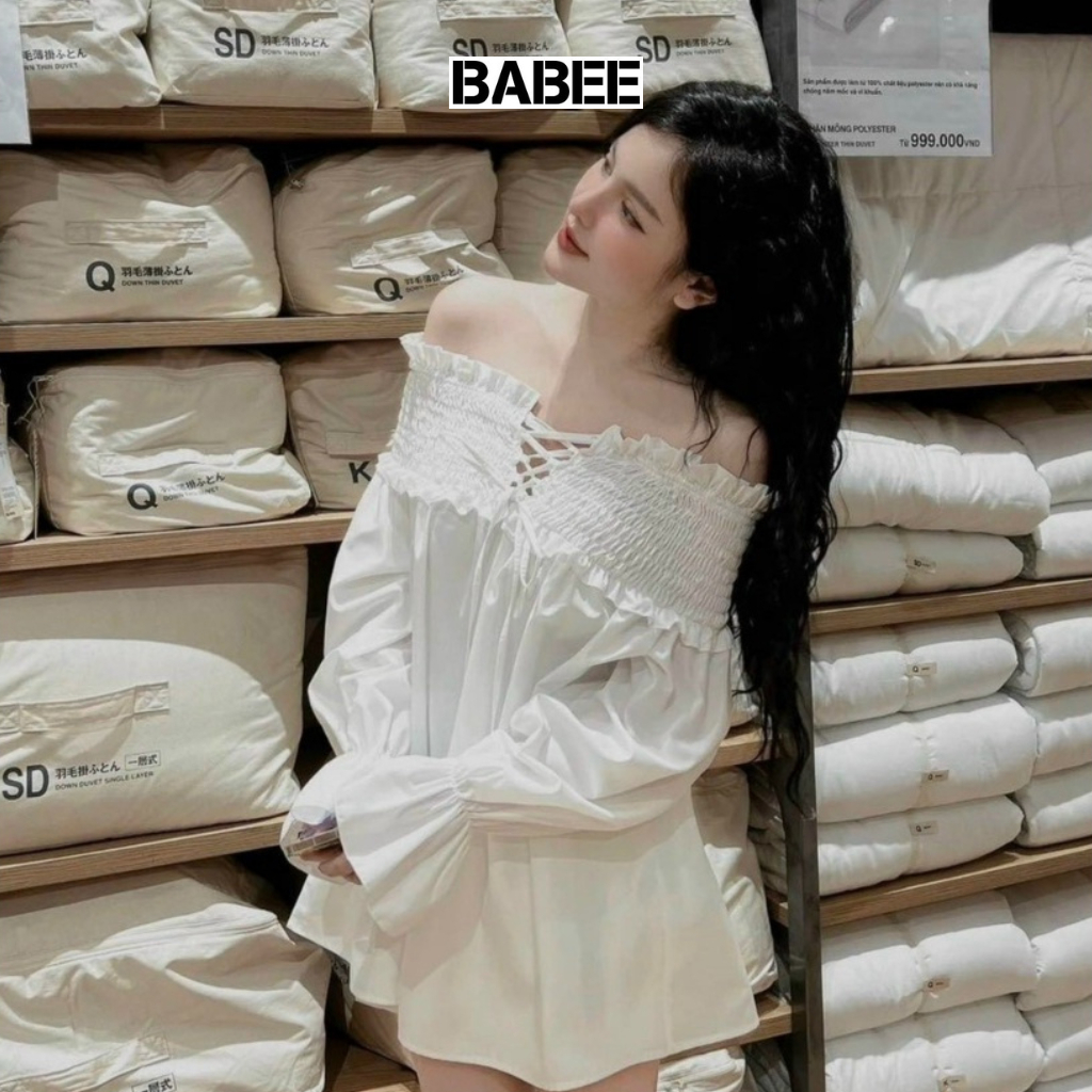 Áo Trễ Vai Nữ BABEE Tay Phồng Dài Form Áo Dấu Quần Phối Dây Đan Có Bo Chun Dễ Thương Sang Trọng