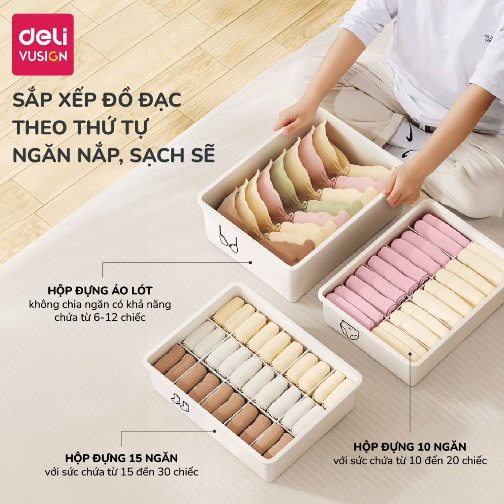 Hộp Đựng Đồ Lót Chia Ngăn Có Nắp Deli – Hộp Nhựa Siêu Dày Đựng Tất Vớ, Khay Sắp Xếp Tủ Quần Áo