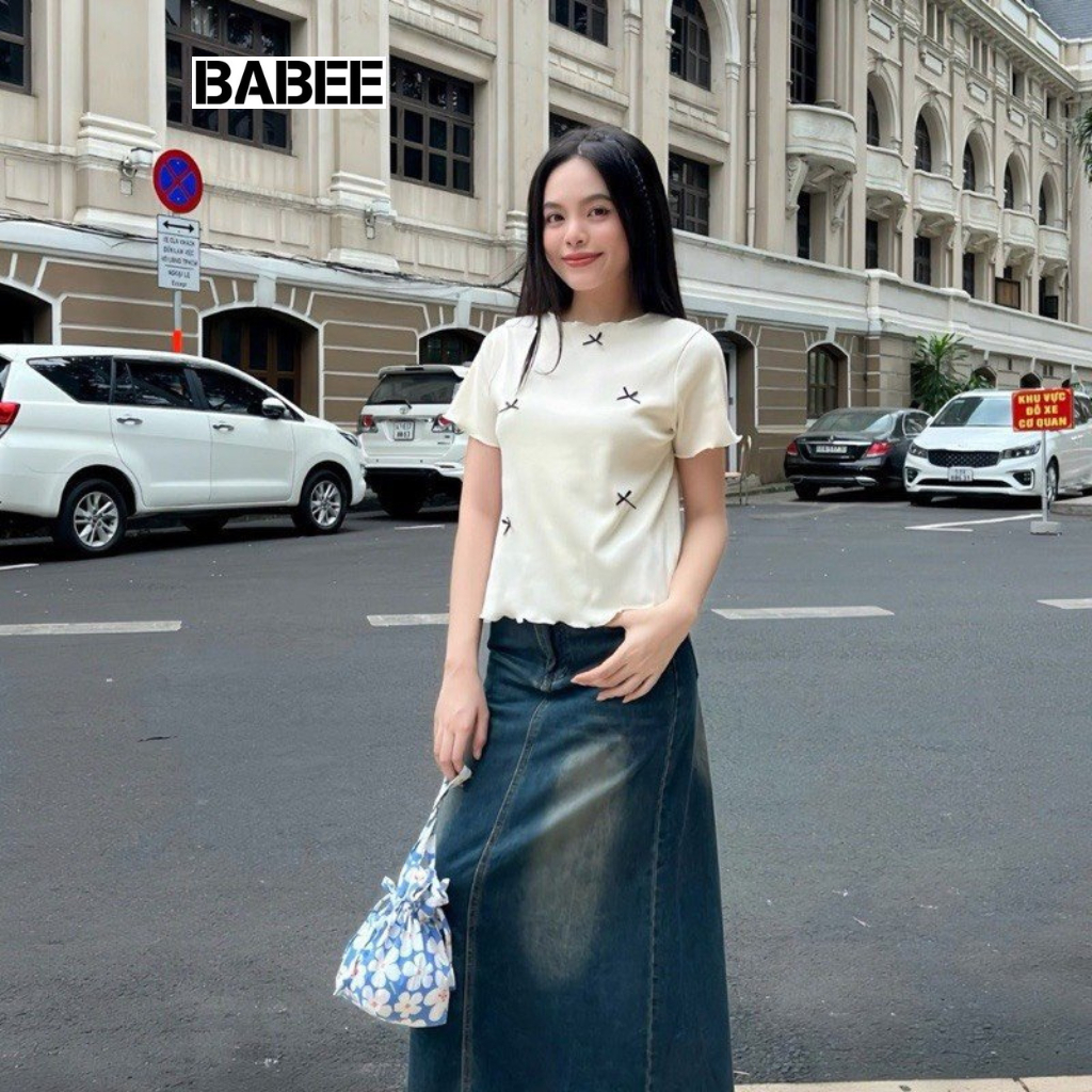 Áo Thun Nữ BABEE Tay Ngắn Cổ Tròn Phối Nhiều Nơ Nhỏ Xinh Xắn Form Ôm Cuốn Biên Co Giãn Mịn Mát
