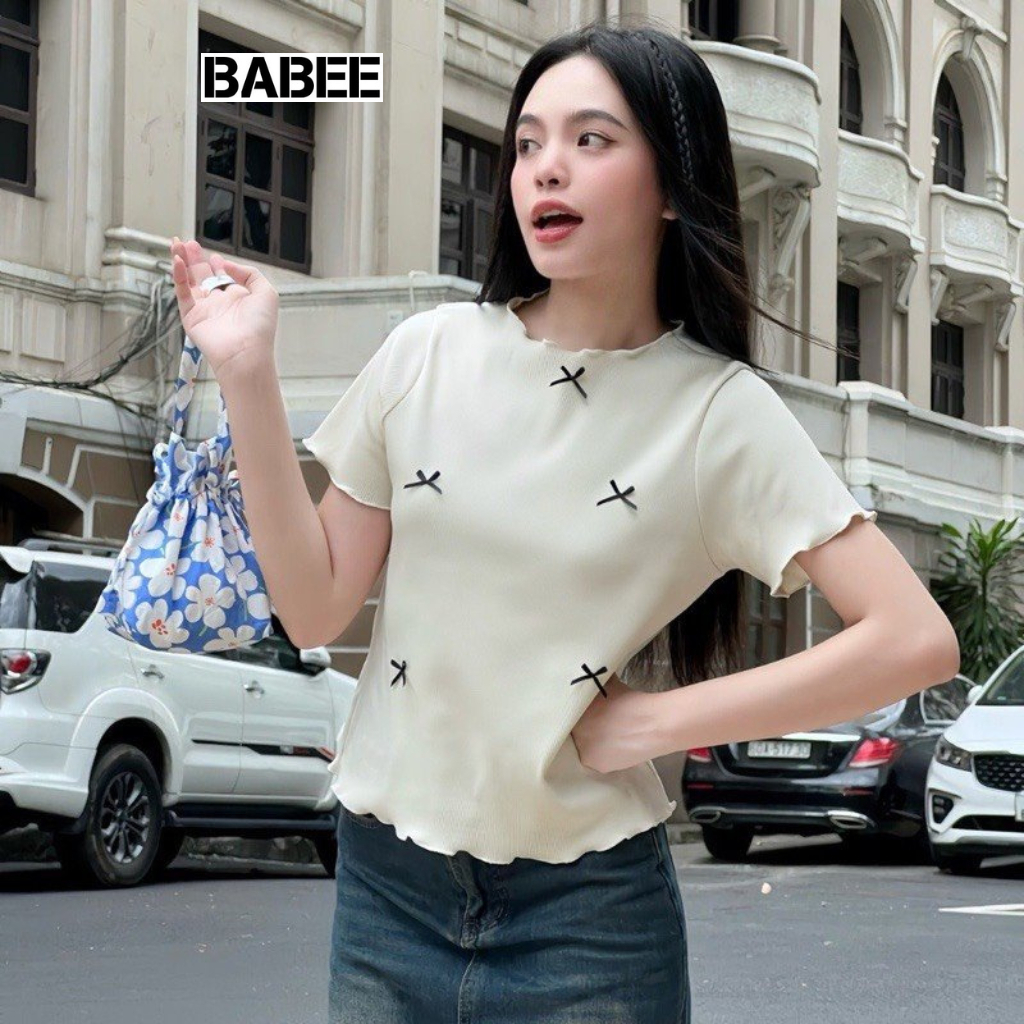 Áo Thun Nữ BABEE Tay Ngắn Cổ Tròn Phối Nhiều Nơ Nhỏ Xinh Xắn Form Ôm Cuốn Biên Co Giãn Mịn Mát