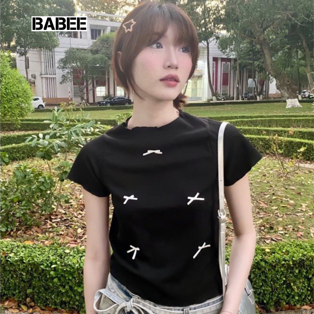 Áo Thun Nữ BABEE Tay Ngắn Cổ Tròn Phối Nhiều Nơ Nhỏ Xinh Xắn Form Ôm Cuốn Biên Co Giãn Mịn Mát