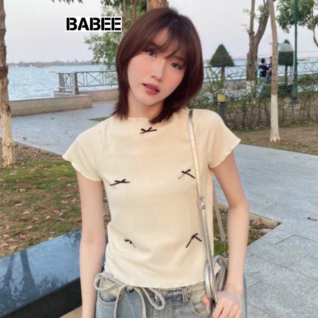 Áo Thun Nữ BABEE Tay Ngắn Cổ Tròn Phối Nhiều Nơ Nhỏ Xinh Xắn Form Ôm Cuốn Biên Co Giãn Mịn Mát