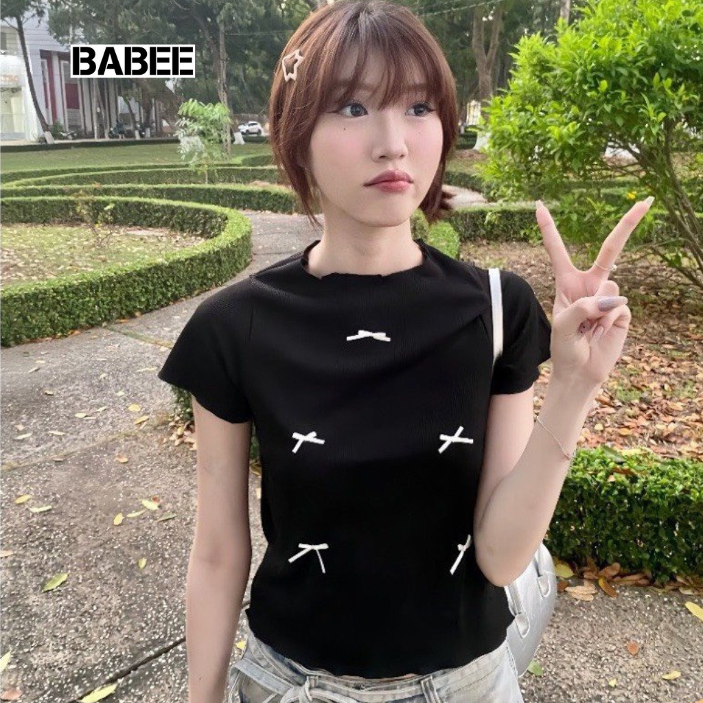 Áo Thun Nữ BABEE Tay Ngắn Cổ Tròn Phối Nhiều Nơ Nhỏ Xinh Xắn Form Ôm Cuốn Biên Co Giãn Mịn Mát