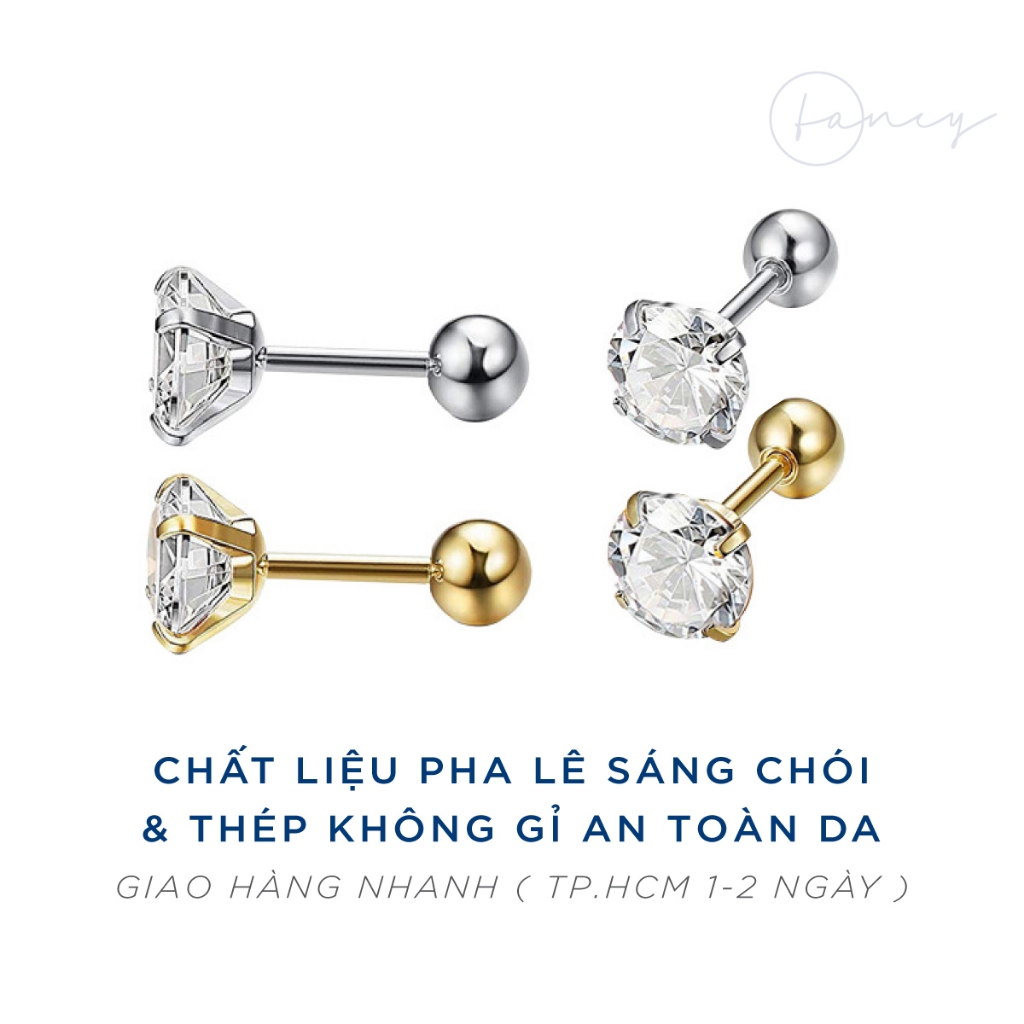 Khuyên tai nam đính đá pha lê, bông tai unisex Fancy dáng nụ đá trắng chất liệu thép titan không gỉ
