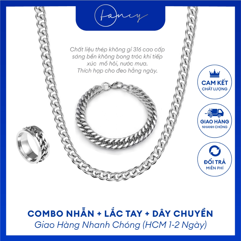 Combo 3 món Fancy - Lắc tay nam titan thời trang kèm nhẫn xoay và dây chuyền xích nam titan không gỉ