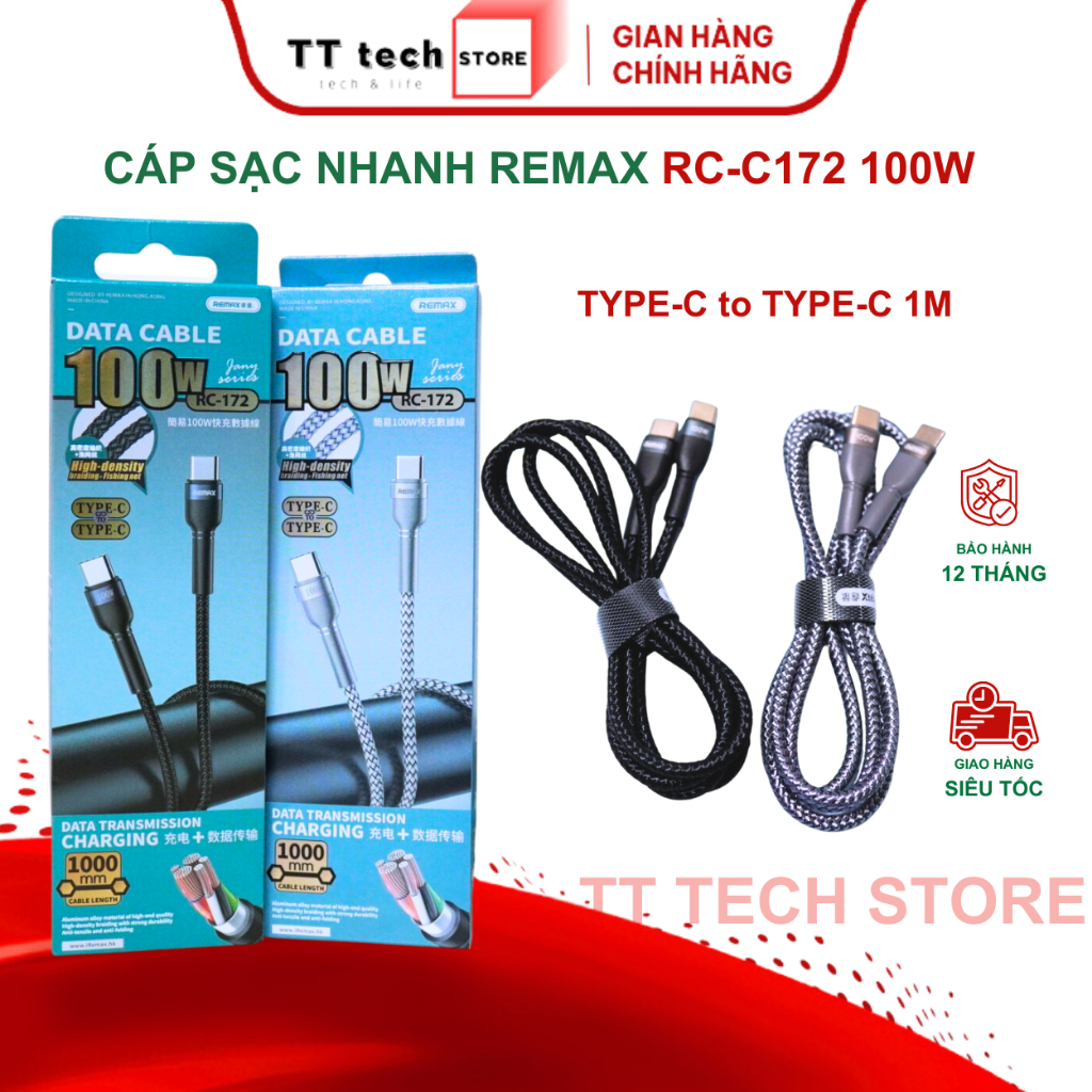 Dây sạc nhanh type C PD100W chính hãng Remax RC-172 dành cho điện thoại ...