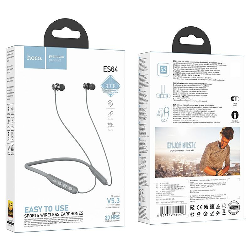 Tai nghe thể thao có dây Bluetooth Hoco ES64 điều chỉnh âm lượng chất liệu nhựa mềm,hút tai nghe.