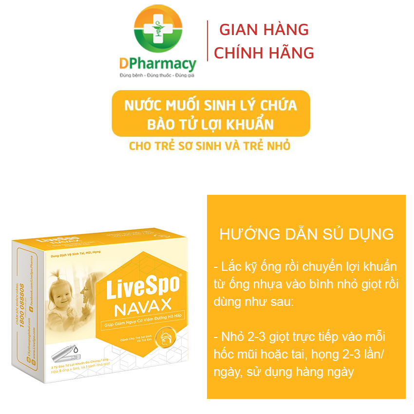 Nhỏ mũi nước muối sinh lý bào tử lợi khuẩn LiveSpo Navax sơ sinh hỗ trợ giảm viêm mũi