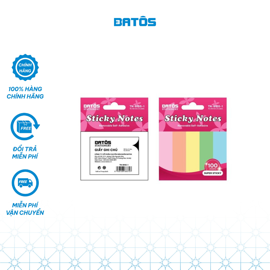 [Có VAT] Giấy note đánh dấu trang Batos Stationery TN-B155-1 5 màu/ túi