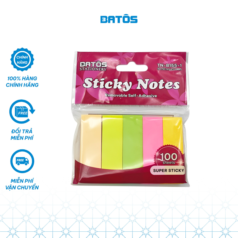 [Có VAT] Giấy note đánh dấu trang Batos Stationery TN-B155-1 5 màu/ túi