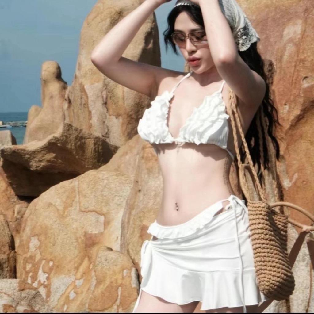 Đồ bơi bikini đi biển ba mảnh bèo nhún váy sang chảnh, BiKiNi HAN.T Shop [ kèm mút tròn ]