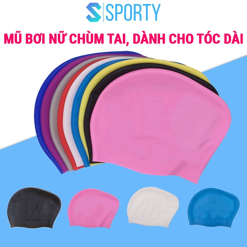 Mũ bơi SPORTY CA45 silicone co giãn, chống nước 100%, chùm tai cho nữ có tóc dài búi