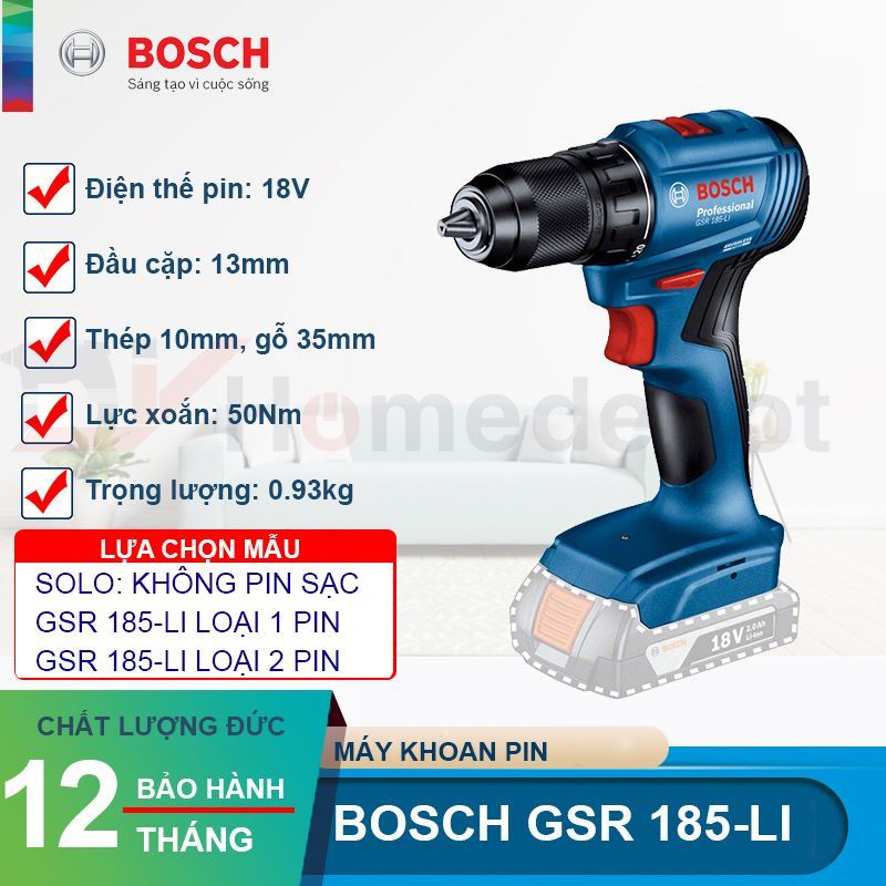 Máy khoan vặn vít dùng pin Bosch GSR 185-LI 18V Hàng chính hãng