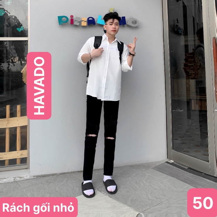 RẺ VÔ ĐỊCH – Quần jean nam rách gối màu đen trơn chất bò cao cấp co dãn 4 chiều đẹp form dáng skinny Havado M50 đẹp
