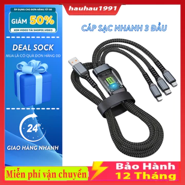 Dây Cáp Sạc Nhanh , Dây Sạc Tự Ngắt 3 Đầu 100W Micro USB Type C 3 IN 1 Dài 1m2 , Dây Sạc nhanh