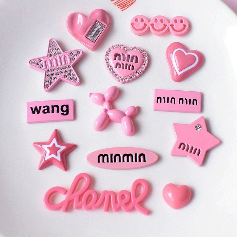 Bộ 10 Sticker gắn dép, Charm chủ đề màu hồng DÉP SỤC, dép Cá SẤU ...