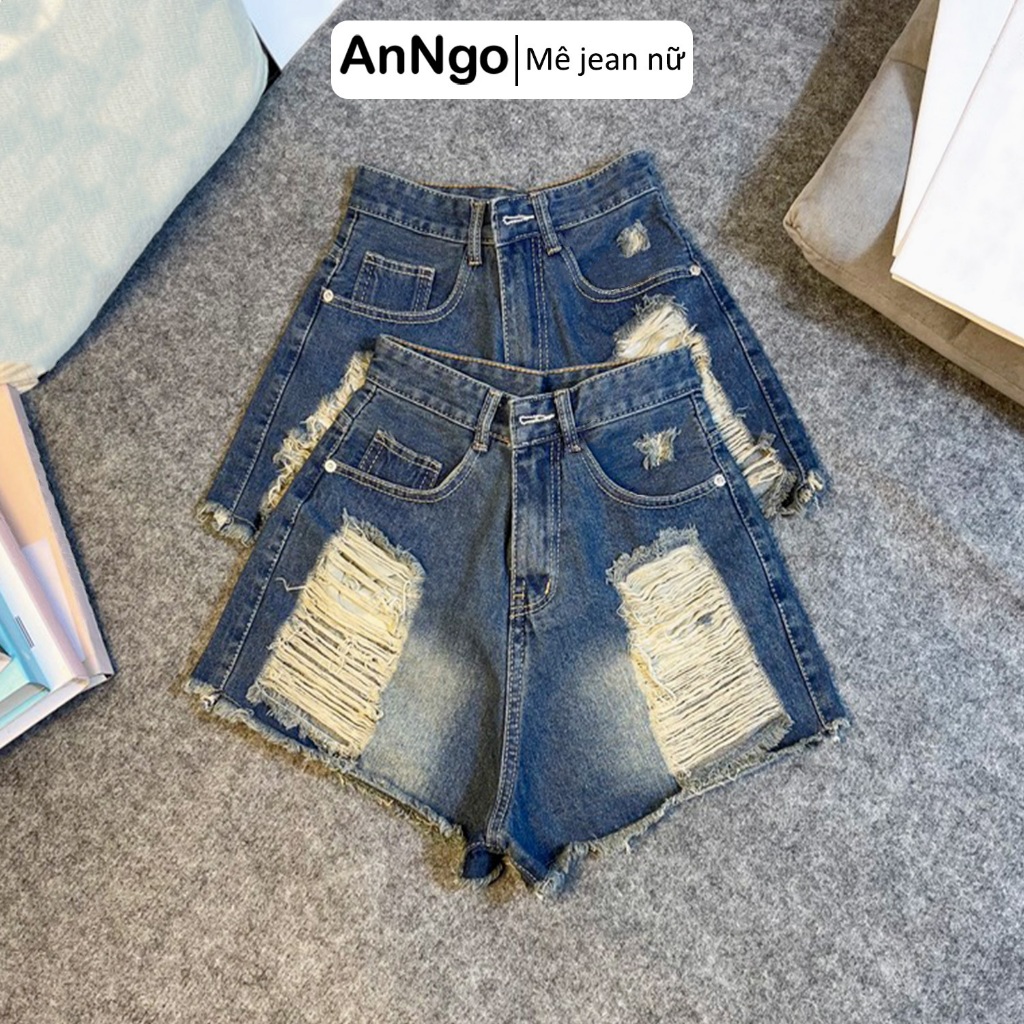 Quần short jean nữ lưng cao rách nhiều, tua rua cá tính, chất jean denim bền đẹp Anngo - AT439