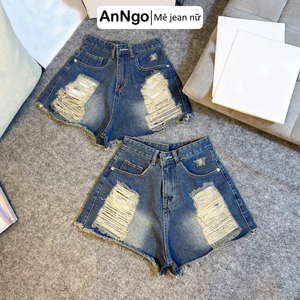 Quần short jean nữ lưng cao rách nhiều, tua rua cá tính, chất jean denim bền đẹp Anngo - AT439