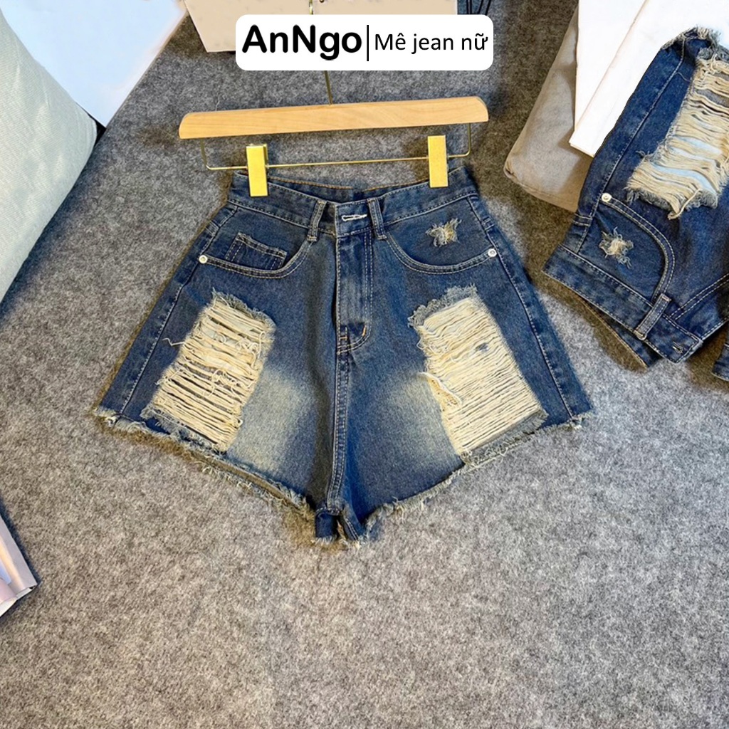 Quần short jean nữ lưng cao rách nhiều, tua rua cá tính, chất jean denim bền đẹp Anngo - AT439
