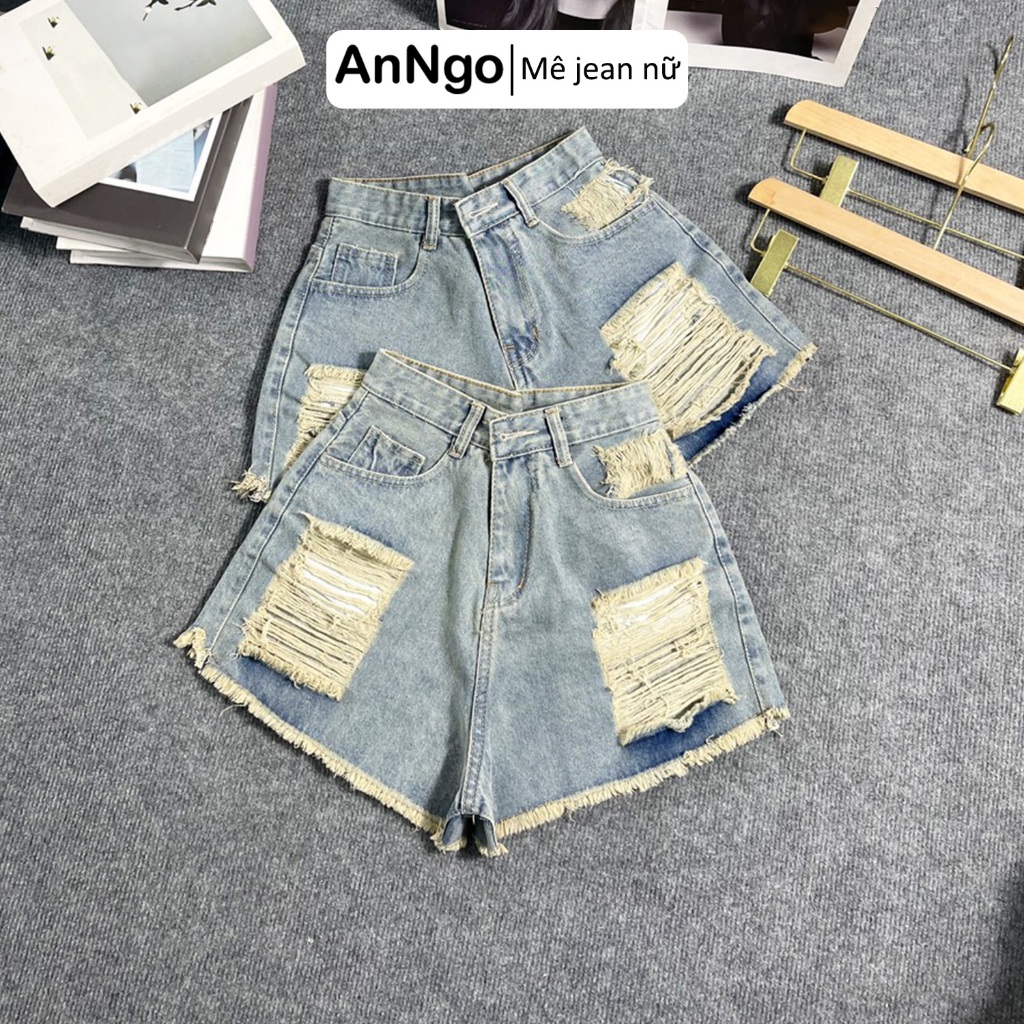 Quần short jean nữ lưng cao rách nhiều, tua rua cá tính, chất jean denim bền đẹp Anngo - AT439