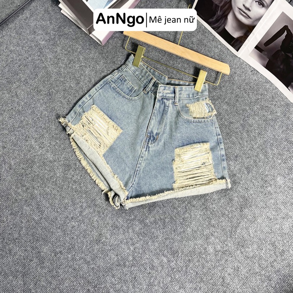 Quần short jean nữ lưng cao rách nhiều, tua rua cá tính, chất jean denim bền đẹp Anngo - AT439