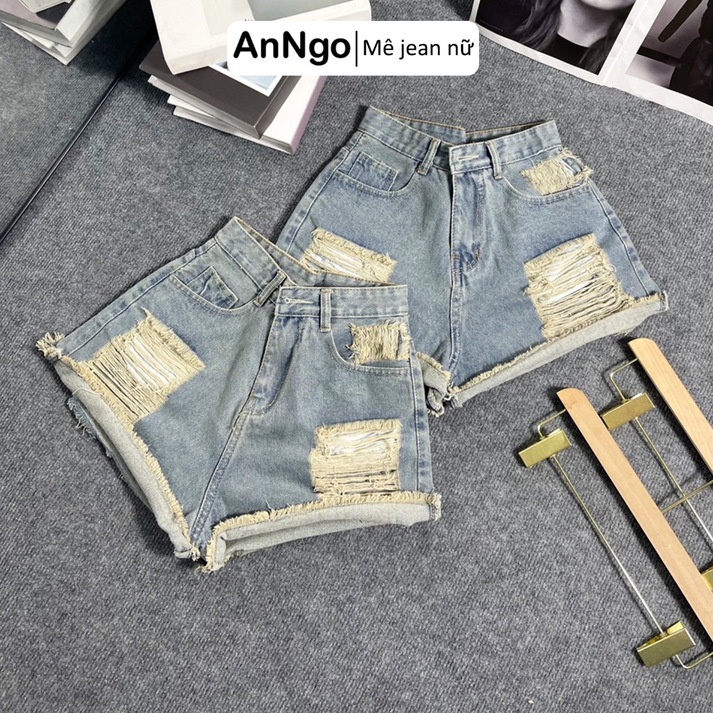 Quần short jean nữ lưng cao rách nhiều, tua rua cá tính, chất jean denim bền đẹp Anngo - AT439
